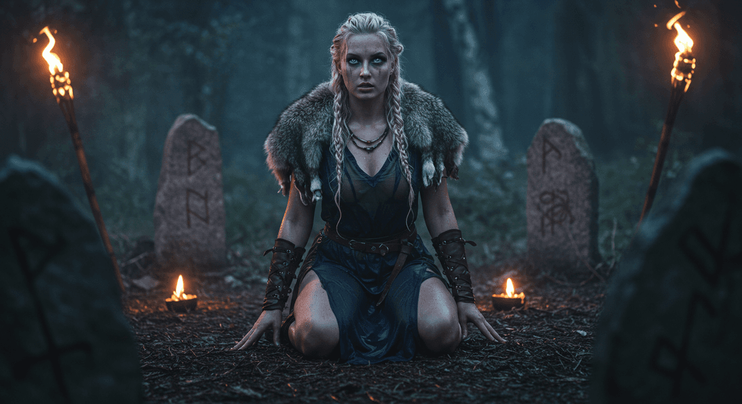 Norse Völva kneeling amidst rune stones with torches