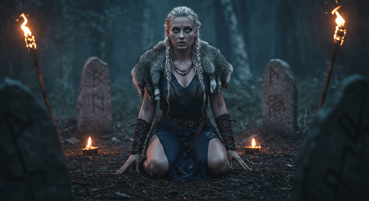 Ancient Elder Futhark rune stones arranged on a Norse altar