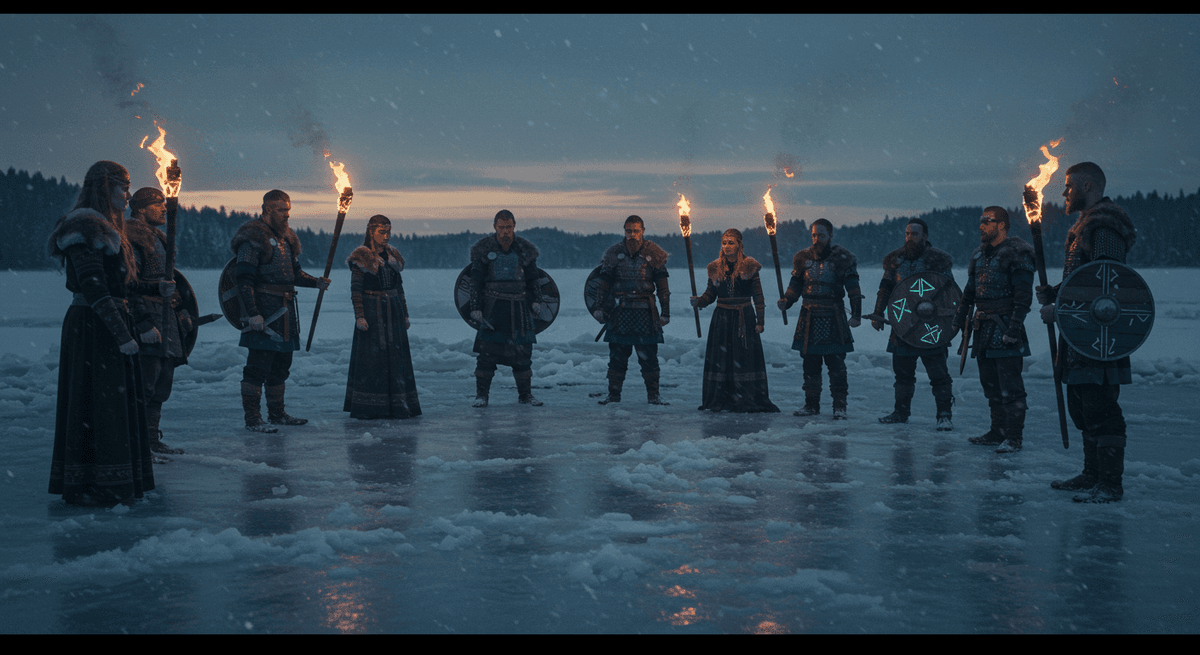 Norse warriors carrying torches through a frozen Viking landscape under the northern lights