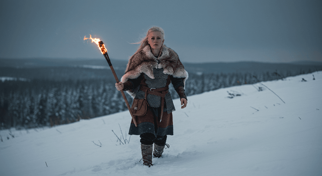 Norse woman walking through snow with torch