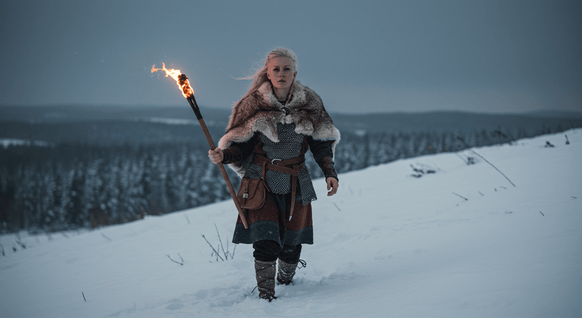 Norse seeress walking through a snowy Viking landscape carrying a ceremonial torch